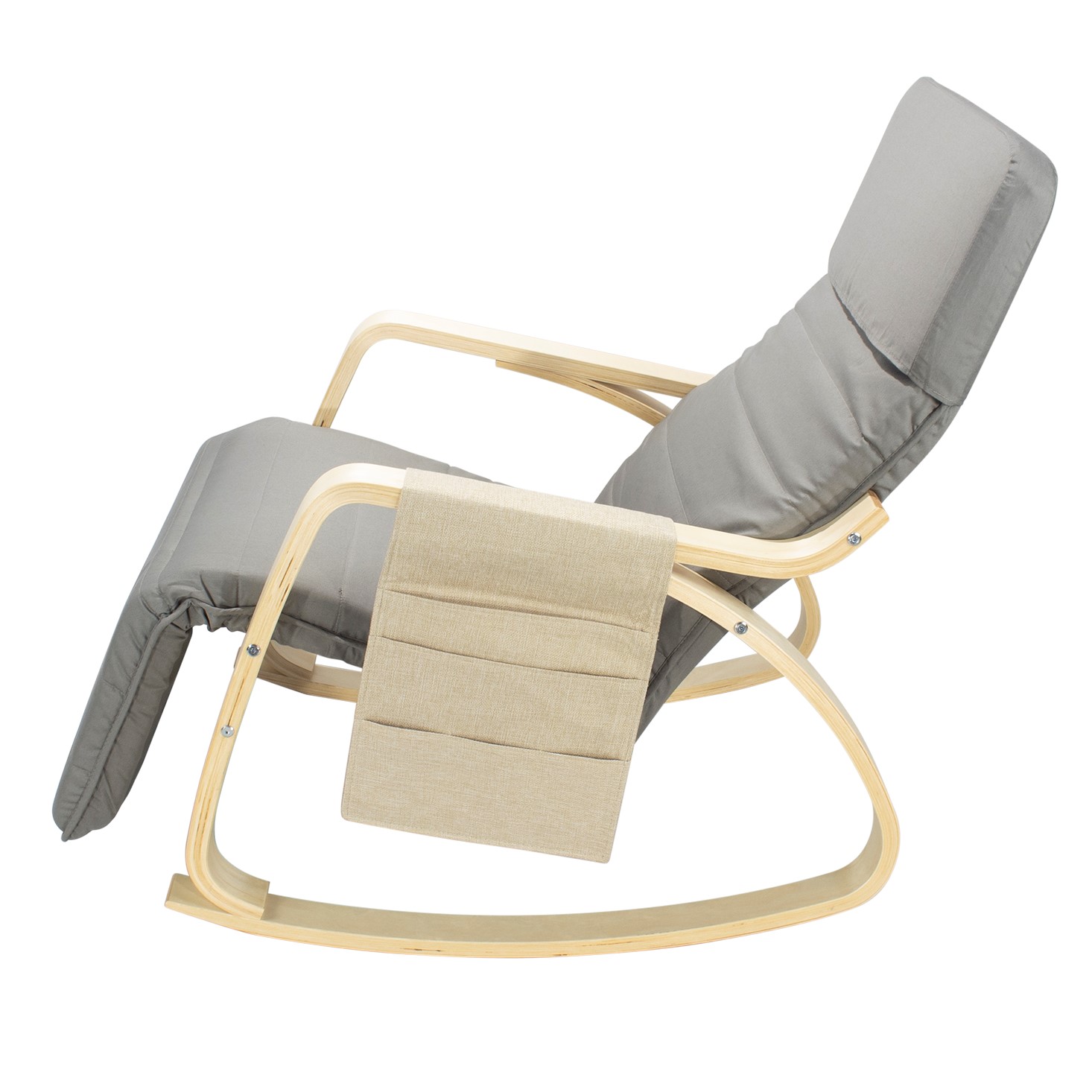 Schaukelstuhl Relaxstuhl mit Armlehnen und Seitentasche aus Holz in